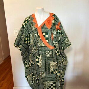 Caftan imprimé géométrique vert orange - Style bohème vintage